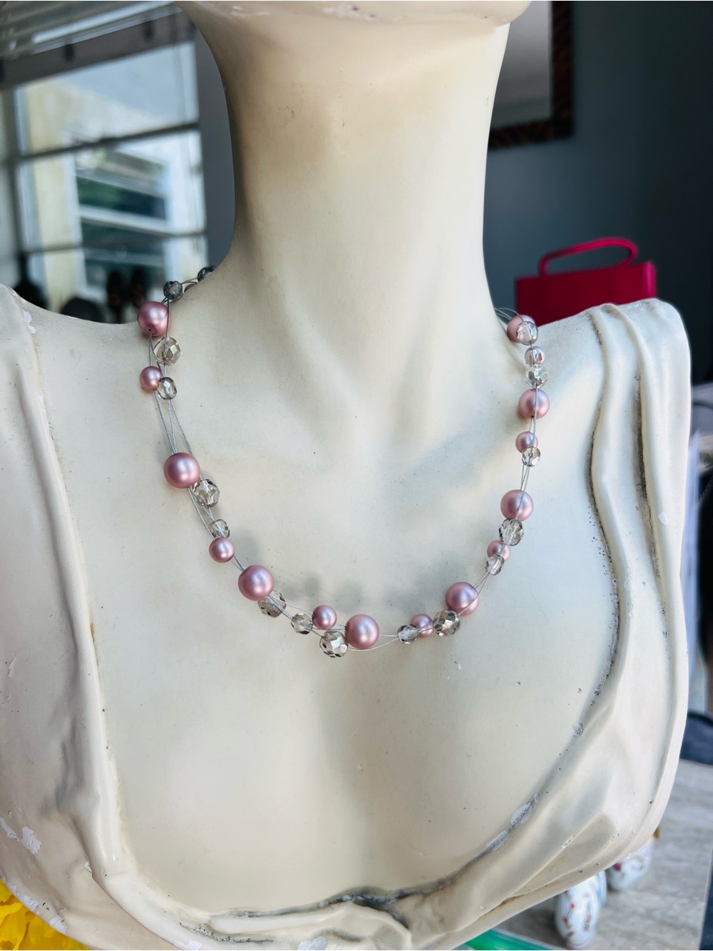 Delicate Pink Pearl and Crystal Strand Necklace for Women